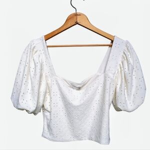 NWT Z Supply Cropped Eyelet Top Lined Puffed Sleeves Ivory Women's Size LARGE